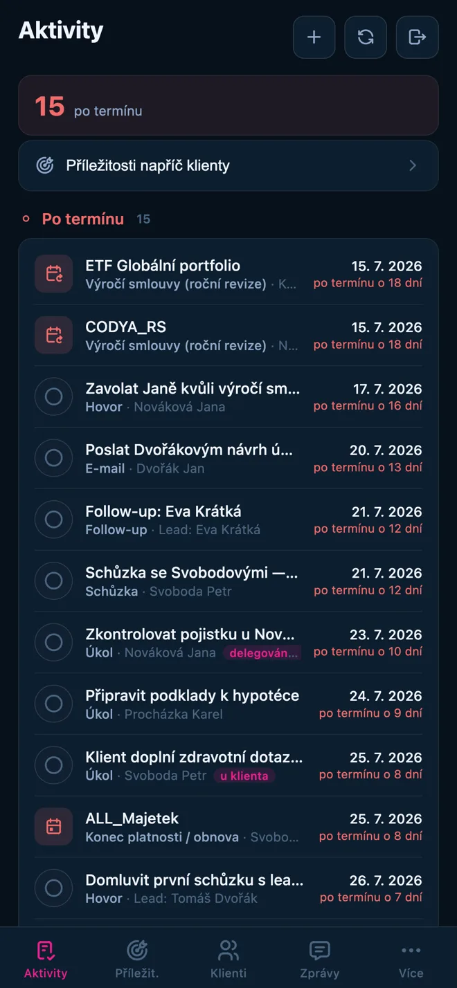 Mobilní aplikace pro poradce — aktivity: úkoly a termíny po termínu