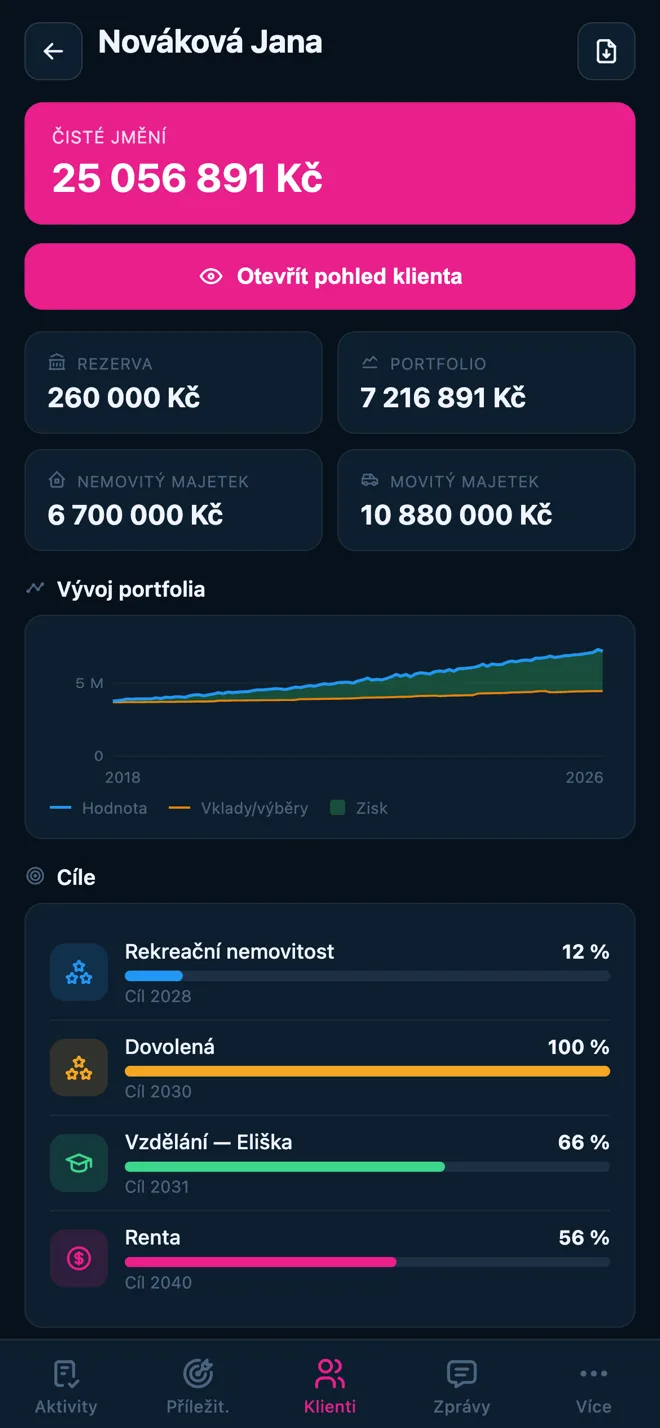 Mobilní aplikace pro poradce — přehled klienta: čisté jmění, majetek a plnění cílů